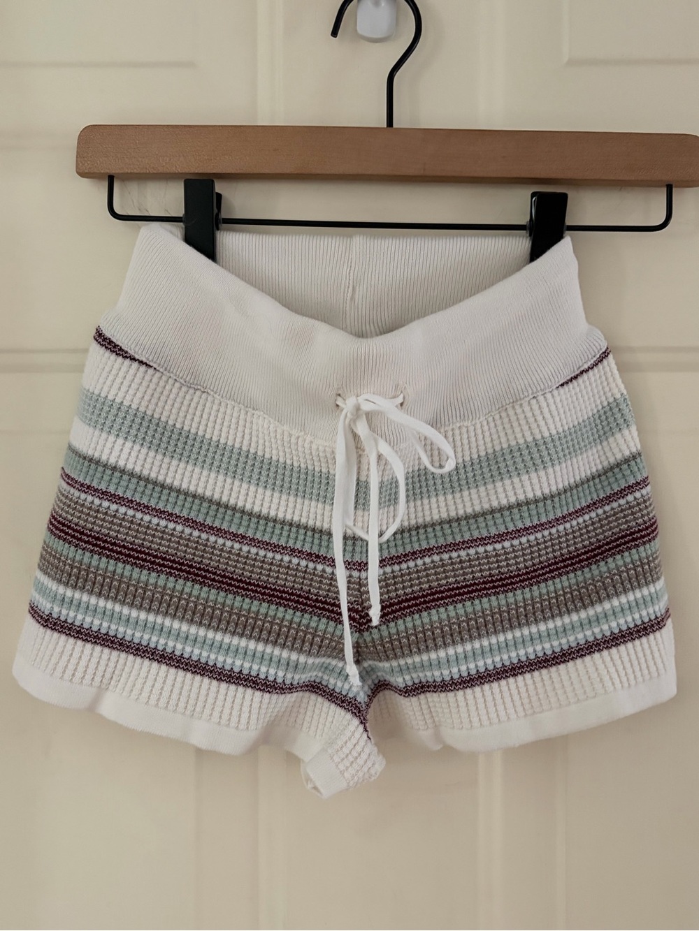 Striped Knit Drawstring Athletic Shorts — White with Sage & Burgundy Stripes